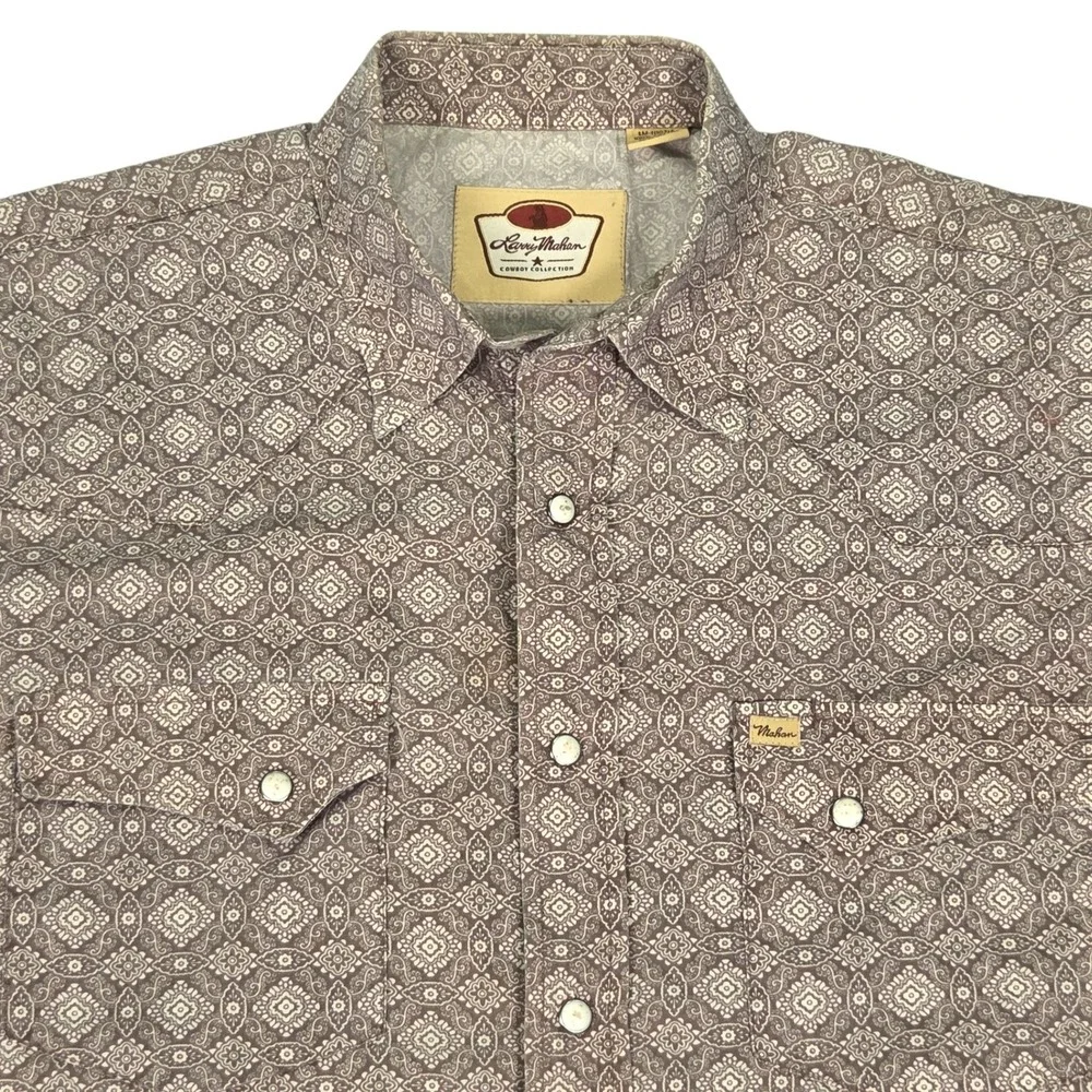 Vtg Larry Mahan‎ Western Pearl Snap Shirt Men XL Brown Geometric Print Cowboy